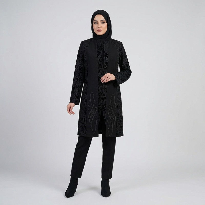 مانتو مجلسی زنانه روی زانو گلدوزی و نگین‌کاری کد 361