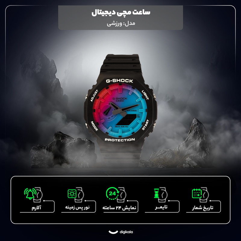 ساعت مچی دیجیتال مشکی با نمایشگر چندرنگ مدل E34-2100 - تصویر 10