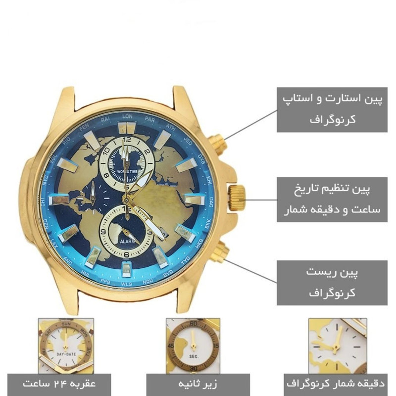ساعت مچی عقربه‌ای کوارتز مردانه جهان نما سه موتور فعال - تصویر 6
