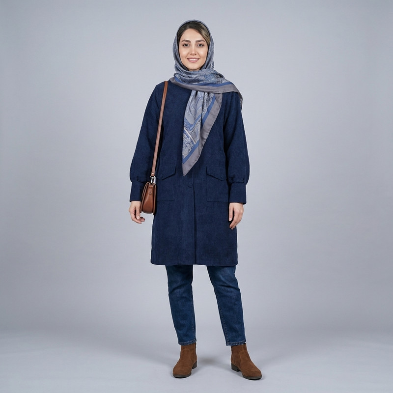 مانتو زنانه مدل پاییزه کیمونو مخمل کبریتی سرمه‌ای