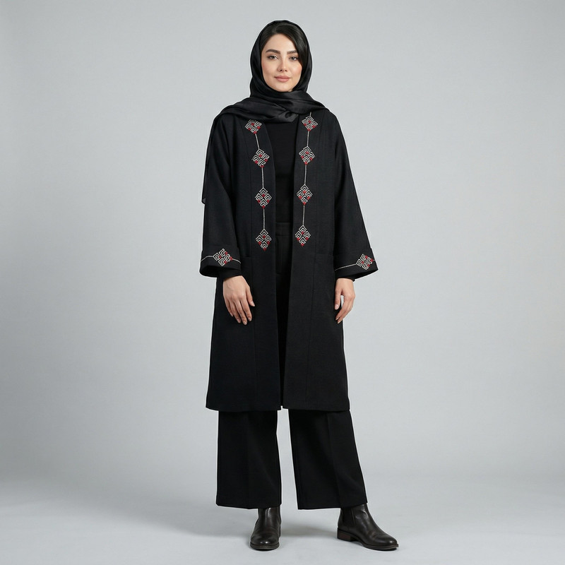 مانتو زنانه السانا مدل شهراد یقه هفت با نقوش تزئینی