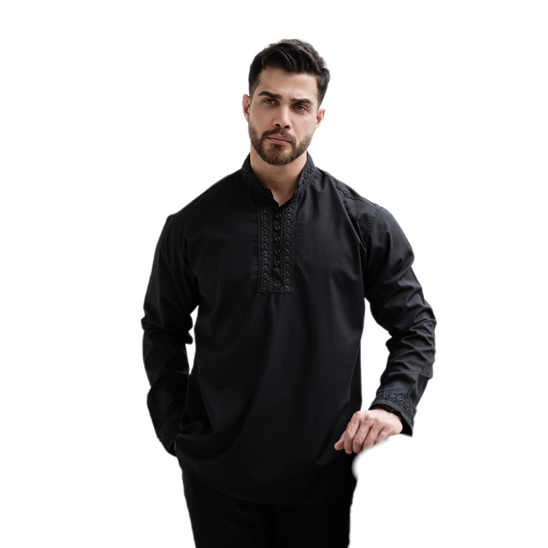 پیراهن مردانه آستین بلند یقه ایستاده یراق‌دوزی مشکی - تصویر 4