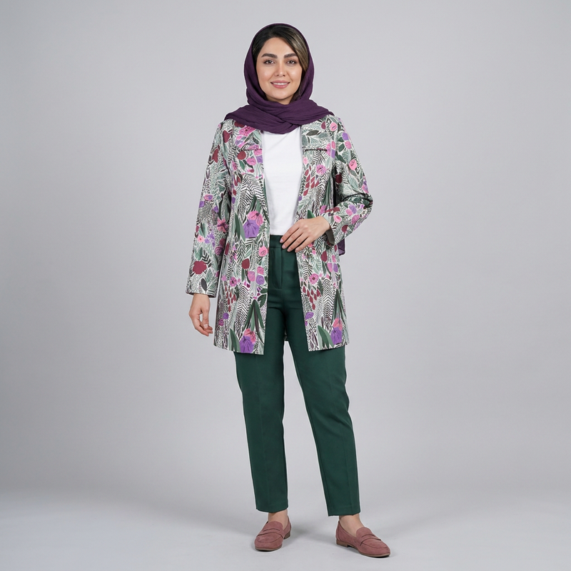 مانتو زنانه ژاکارد چاپی یک دکمه آستین ساده لایه‌خورده گان‌کشی