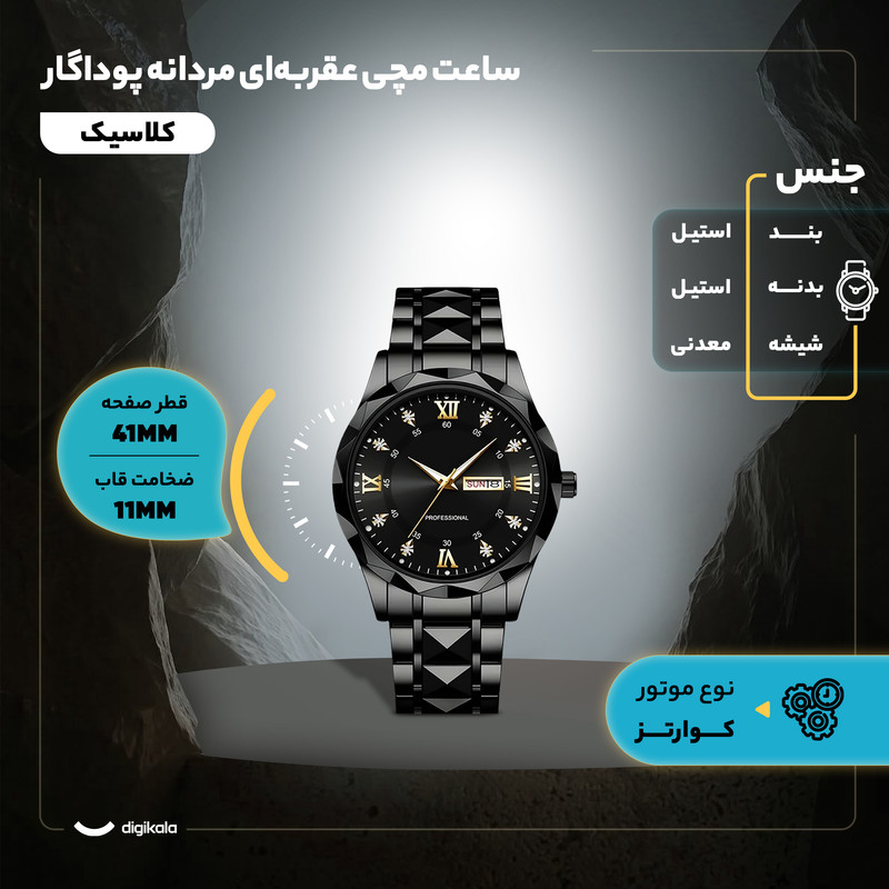 ساعت مچی عقربه‌ای مردانه کلاسیک بند استیل طرح تراش الماسی - تصویر 5