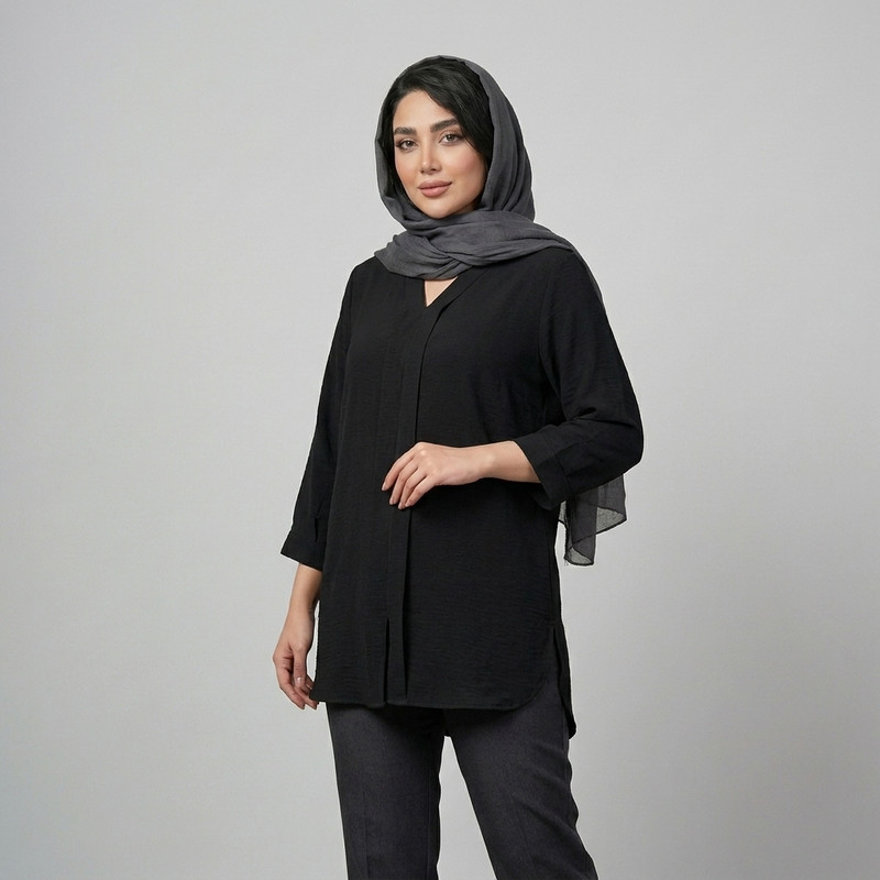 مانتو نخی مشکی زنانه مدل کیمونو یقه هفت قد ۸۰ سانتی