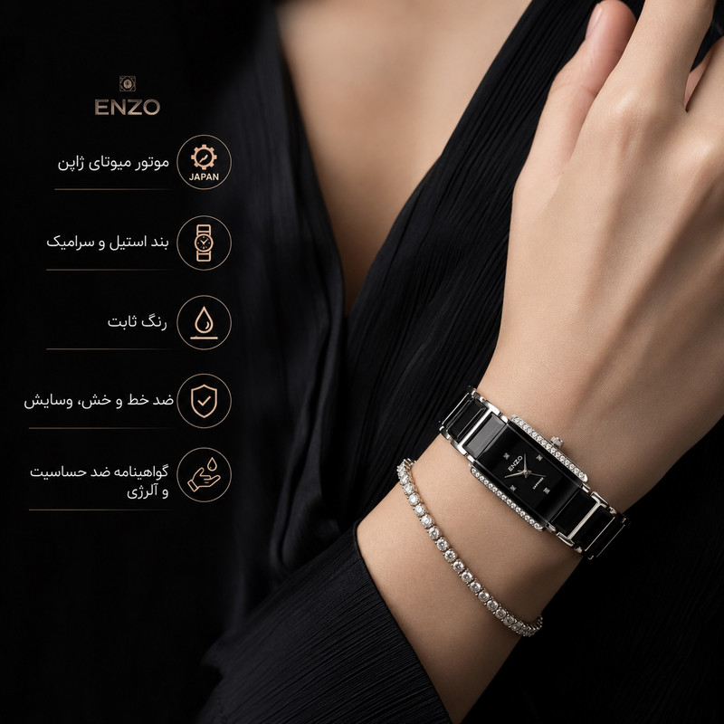 ساعت مچی زنانه انزو EC-2190ABL بند سرامیکی استیل موتور ژاپن - تصویر 4