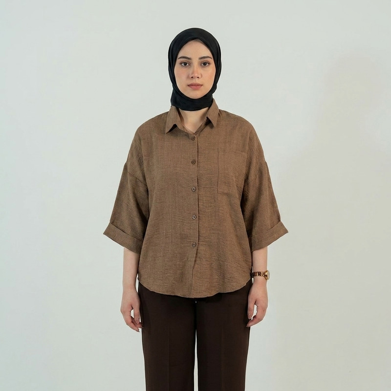 شومیز زنانه آستین سه‌ربع یقه برگردان پارچه شانتون مدل شانتون باکسی