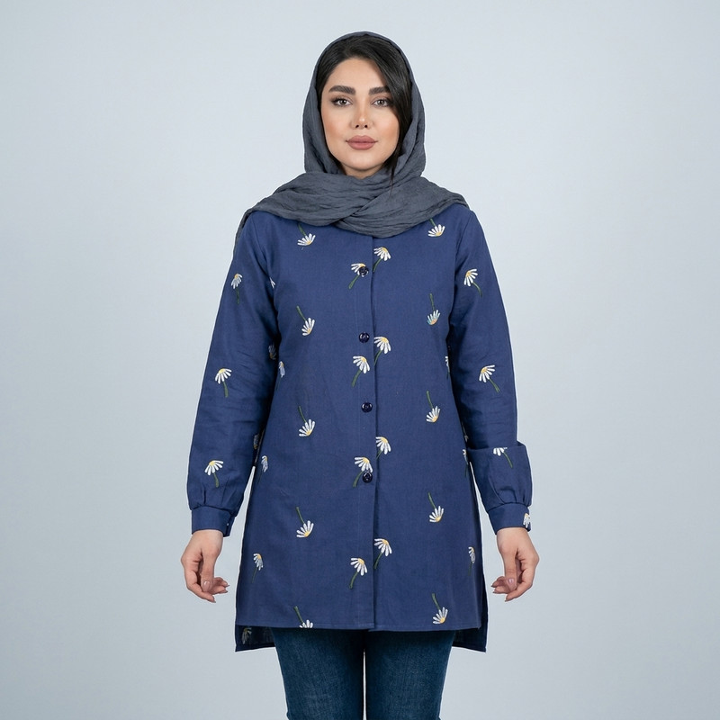 مانتو شومیزی زنانه لینن با گلدوزی بابونه