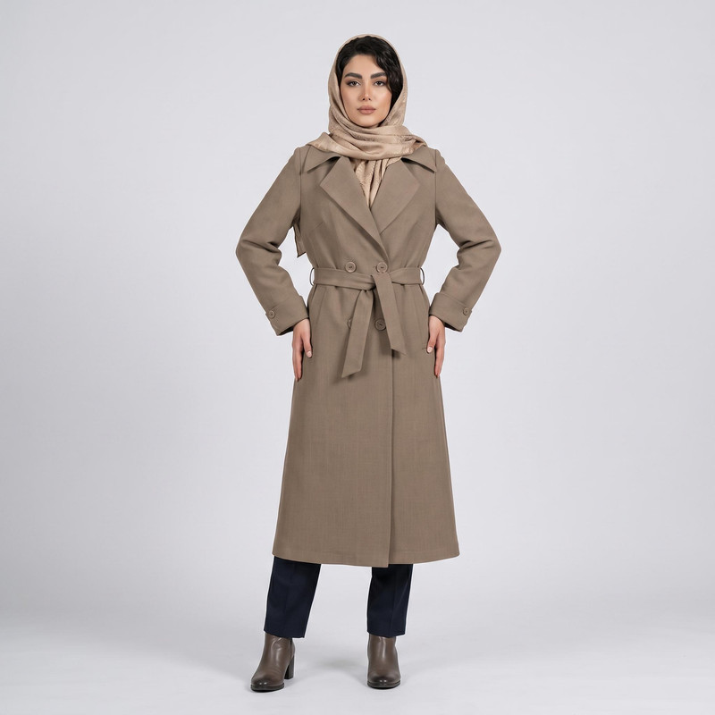 مانتو زیر زانو السانا مدل نلینا یقه انگلیسی کمربند دار
