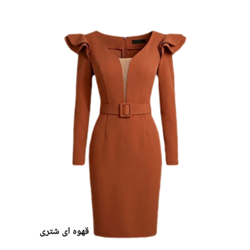 پیراهن مهمانی زنانه کرپ مازراتی یقه هفت و کمربند هم‌رنگ - تصویر 4