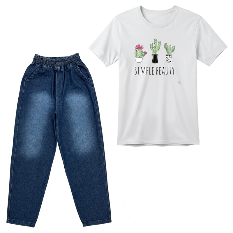 ست تی‌شرت آستین کوتاه و شلوار دخترانه طرح کاکتوس