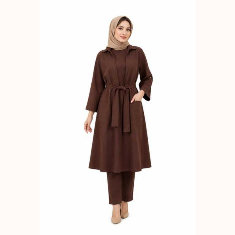 مانتو زنانه مدل لینن گره‌ای یقه گرد - تصویر 3