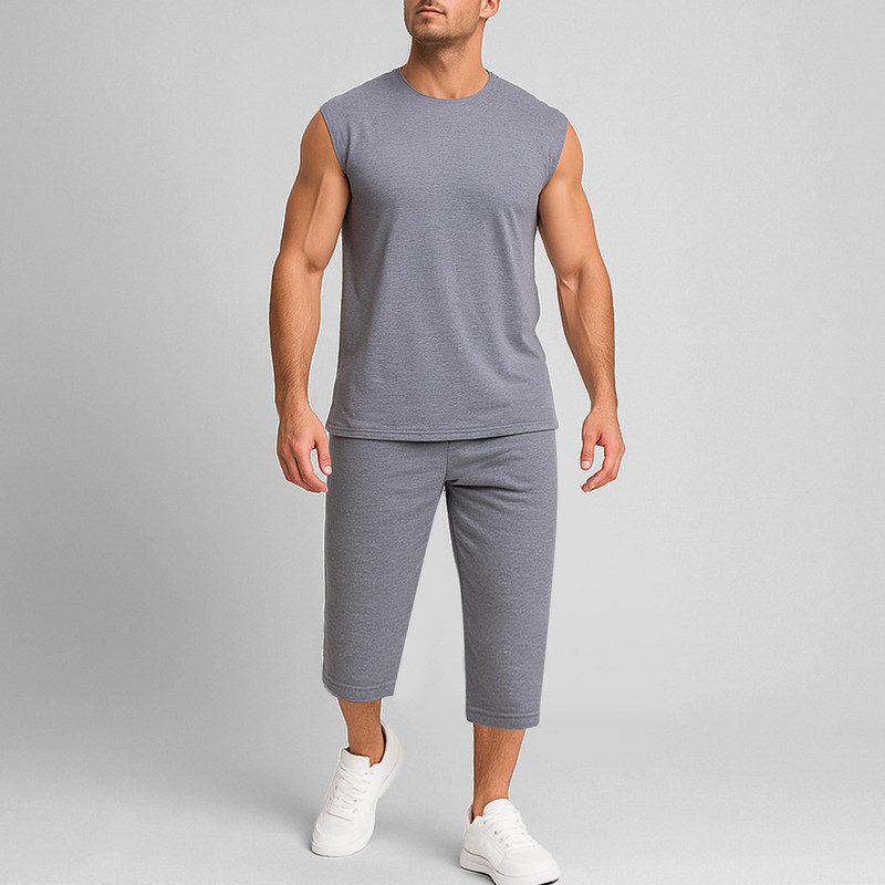 ست تاپ و شلوارک مردانه ملانژ ساده سایز L تا 2XL
